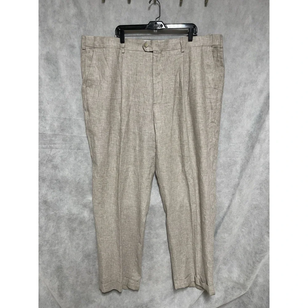 Oak Hill Pants Men 50x33 DXL Linen Rayon Adjustable Waist Hopsack Pleated Cuffs